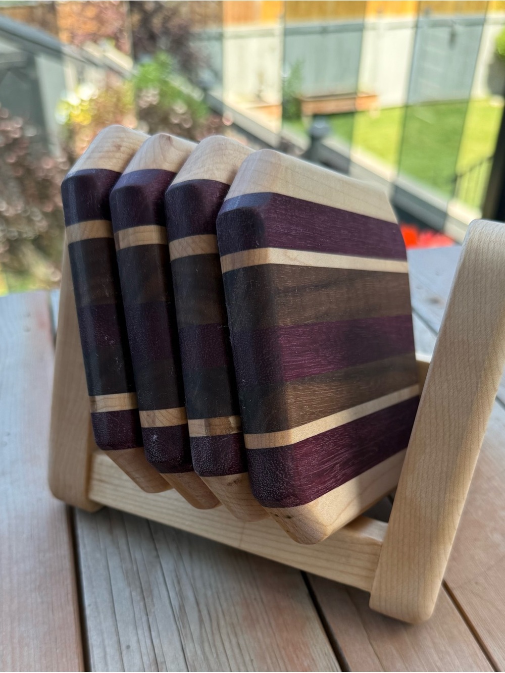 Hand Crafted Purple and Natural Wood Striped Coaster Set with Stand